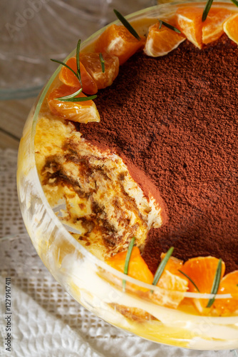 Obraz na płótnie Tiramisu dessert with mascarpone cream and lemon-mandarin curd. w salonie