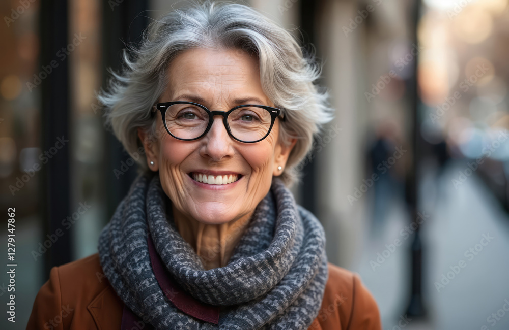 Close-up portrait of happy mature woman with gray hair, eyeglasses and scarf. Smiling cheerful female looks attractive on city street background. Positive emotions, beauty and confidence. Close-up portrait of happy mature woman with gray hair, eyeglasses and scarf. Smiling cheerful female looks attractive on city street background. Positive emotions, beauty and confidence.