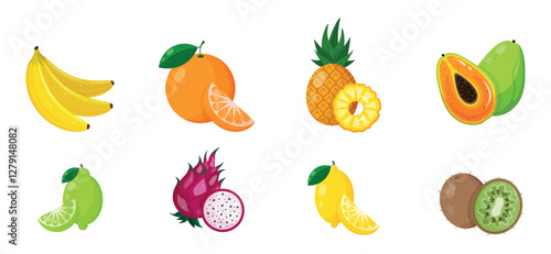 Collection of tropical fruits on white background. Cartoon style design. Flat illustration. Set of fruits: banana, orange, pineapple, papaya, lime, dragon fruit, lemon, kiwi. Vector illustration. 
