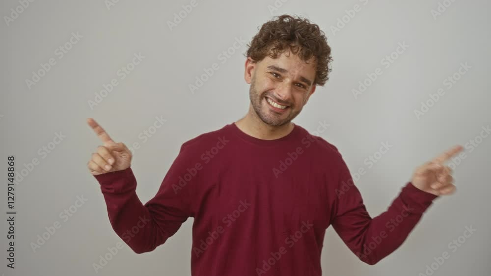 Young hispanic man standing over white background, amazed and smiling while wearing a t-shirt, pointing up with finger in surprise and joyful gesture Young hispanic man standing over white background, amazed and smiling while wearing a t-shirt, pointing up with finger in surprise and joyful gesture
