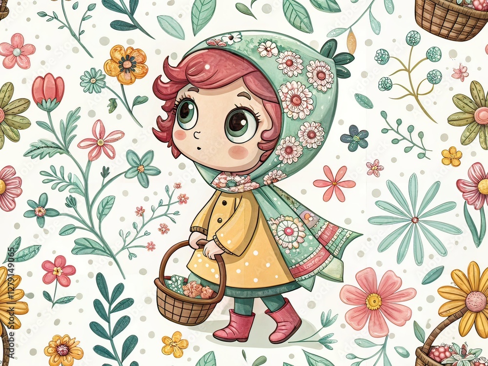 Naklejka premium Cute Chibi Spring Character on Abstract Pattern - Documentary Style