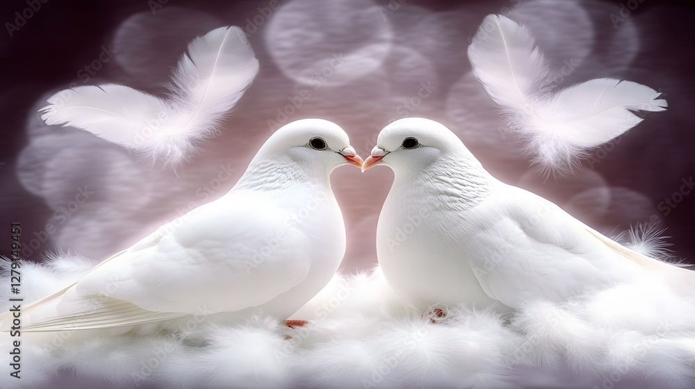 Two White Doves Kissing with Feathers Bokeh Background Symbolizing Peace and Love Two White Doves Kissing with Feathers Bokeh Background Symbolizing Peace and Love