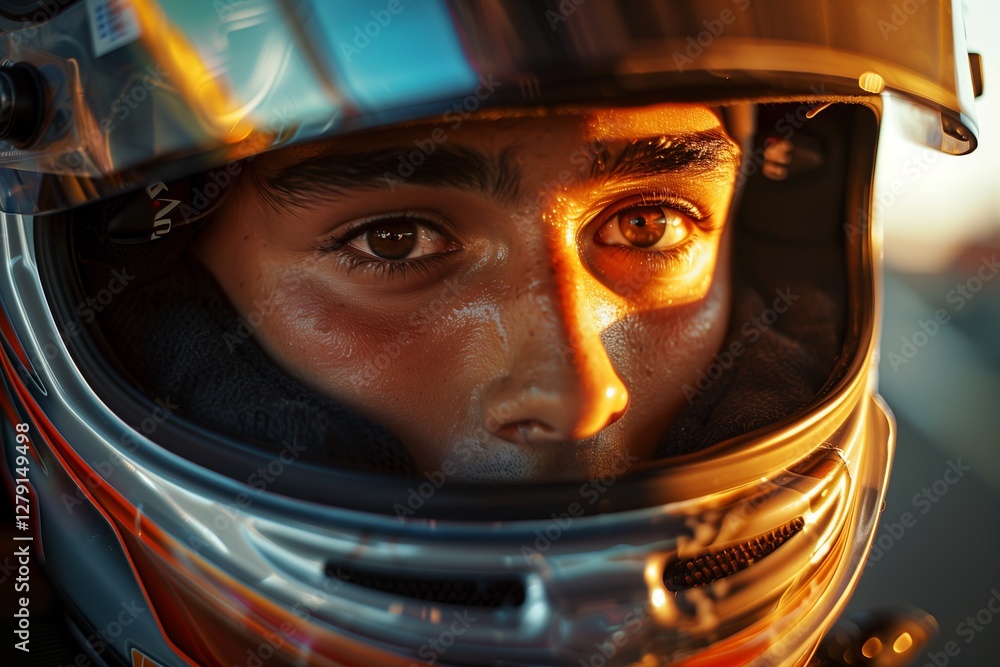 Close-up portrait of a racing driver wearing a helmet, focused and intense in sunlight. Close-up portrait of a racing driver wearing a helmet, focused and intense in sunlight.