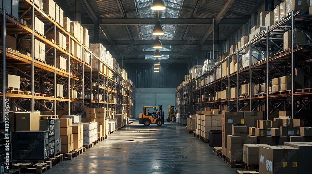 Warehouse Interior with Rows of Shelves Filled with Boxes and a Forklift in the Background Warehouse Interior with Rows of Shelves Filled with Boxes and a Forklift in the Background