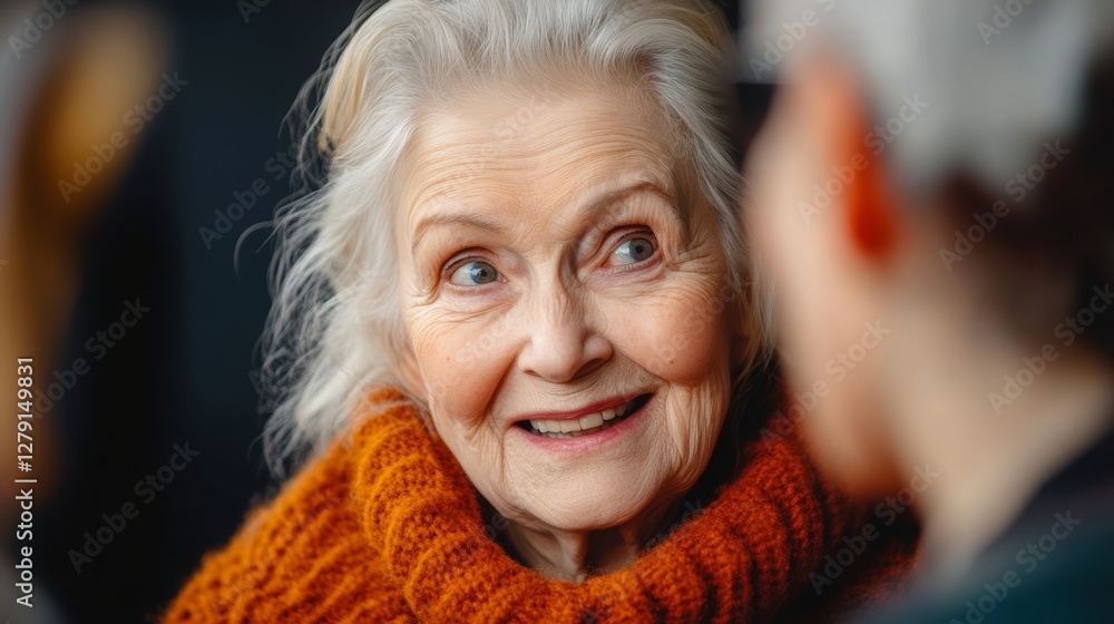 Woman with a smile on her face is wearing an orange sweater. She is looking at the camera Woman with a smile on her face is wearing an orange sweater. She is looking at the camera