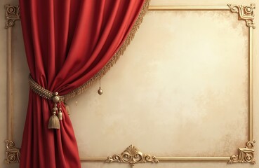 Red curtain with gold accents hangs over wall with golden ornate frame. Luxury room interior with vintage design. Royal style silk fabric textile background. Great frame for invitations, posters