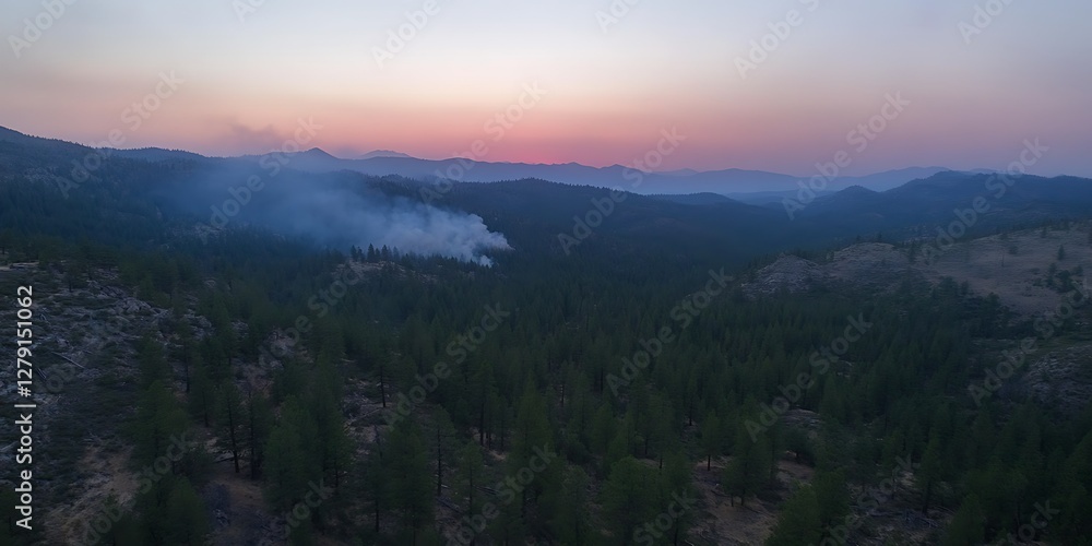 Forest fire at sunset. Aerial view. Possible use Nature, environment Forest fire at sunset. Aerial view. Possible use Nature, environment