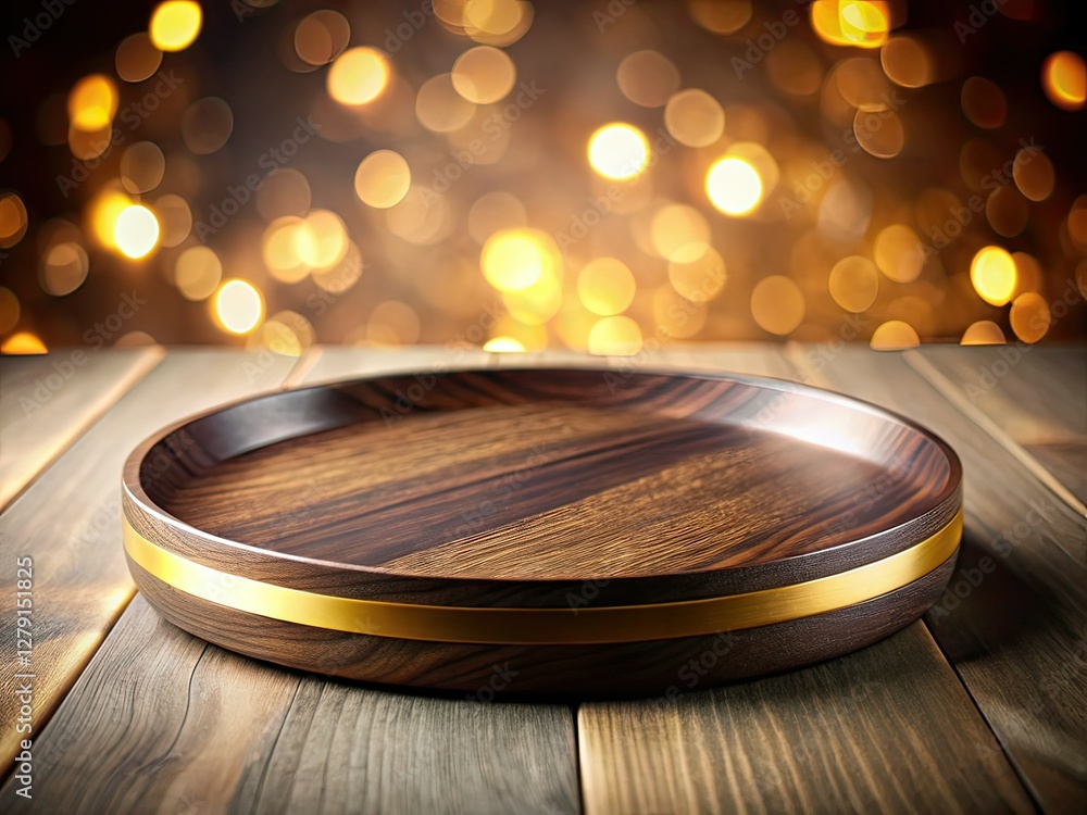 Obraz premium Dark Wooden Plate with Gold Stripe, Bokeh Effect, High-Quality Photo