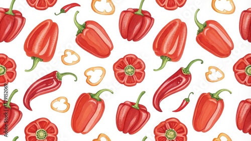 Wallpaper Mural Red Bell Pepper and Chili Watercolor Seamless Pattern, Watercolor Illustration, Food, Vegetable Pepper, Chili Torontodigital.ca