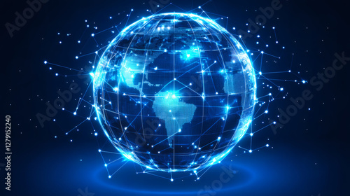 Futuristic digital world globe rotating and showing network connections and data exchange on blue background