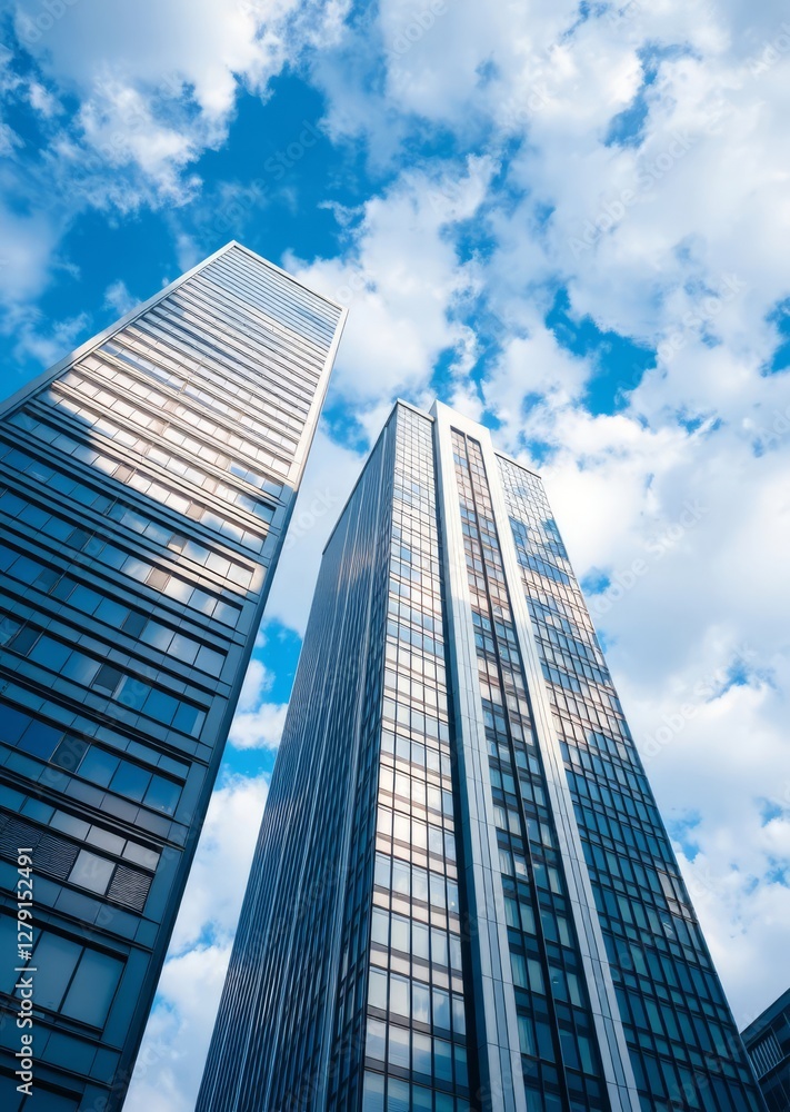 Photograph of a city skyline taken from a low angle, looking up at three tall skyscrapers. The buildings are modern with glass and steel facades, reflecting the blue sky and white clouds. The sky is b Photograph of a city skyline taken from a low angle, looking up at three tall skyscrapers. The buildings are modern with glass and steel facades, reflecting the blue sky and white clouds. The sky is b