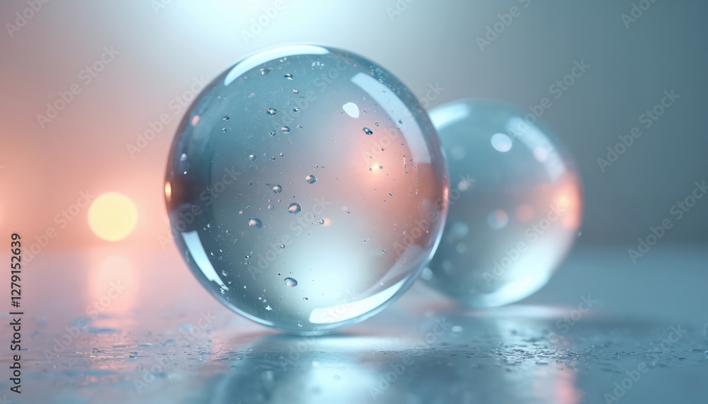 Two shiny glass sphere water drops on surface with soft blue, white, orange back light. Transparent globe bubble ball abstract clean modern background for product demo. Two shiny glass sphere water drops on surface with soft blue, white, orange back light. Transparent globe bubble ball abstract clean modern background for product demo.