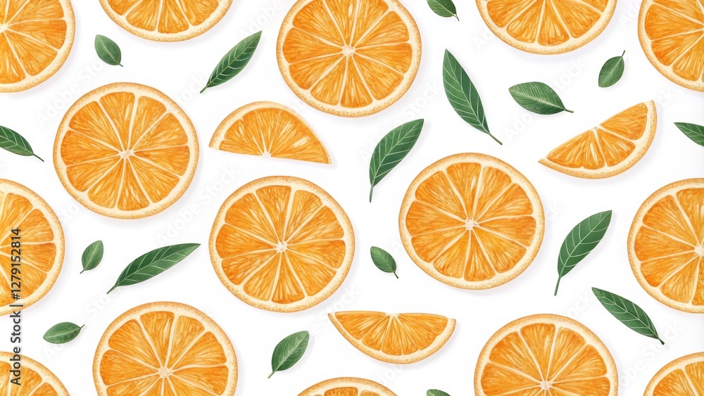 Obraz premium Watercolor Orange Slices and Leaves Pattern Vibrant Citrus Repeat, Orange, Citrus, Pattern
