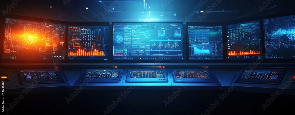 A futuristic control room featuring multiple screens displaying data and visualizations, illuminated by blue and orange lighting. A futuristic control room featuring multiple screens displaying data and visualizations, illuminated by blue and orange lighting.