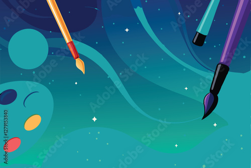Zero-gravity scene vibrant paintbrushes, pencils, and palettes float amidst a bright, cosmic backdrop.  Illustrative style.