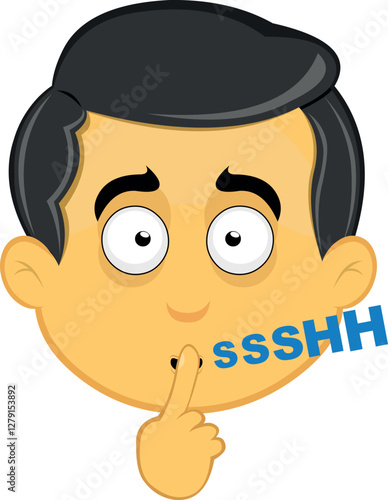 vector illustration yellow emoji character male, asking for silence with the index finger of the hand