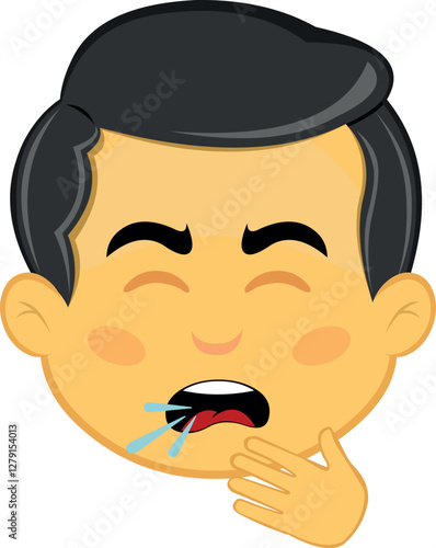 vector illustration yellow emoji character male, coughing with your hand in your mouth