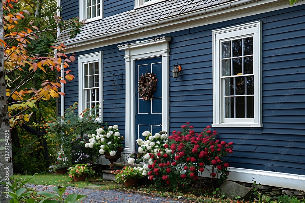 there is a blue house with white trim and a blue door there is a blue house with white trim and a blue door