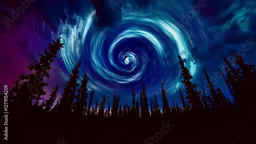 Wallpaper Mural Surreal Cosmic Swirl in the Night Sky Over Forest. Perfect for ambient, cinematic, and space music. Seamless looping time lapse animation video background, lo-fi art.
 Torontodigital.ca