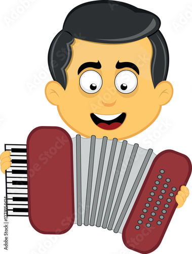vector illustration yellow emoji character male, playing musical instrument accordion