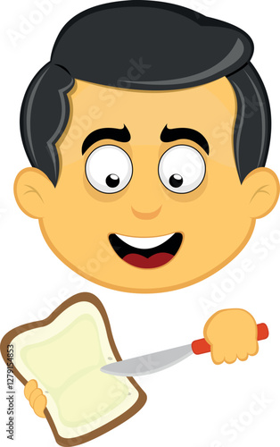 vector illustration yellow emoji character male, spreading butter on a slice of bread with a spreader