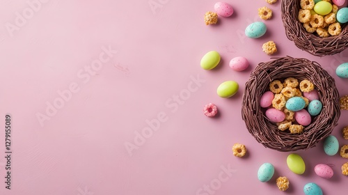 Handcrafted chocolate nests with crunchy cereal and colorful candy eggs
