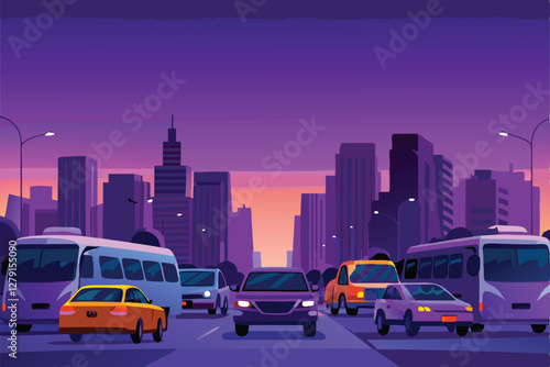 Vibrant city skyline at sunset, bustling with buses, taxis, and scooters on a busy street.  Detailed depiction.