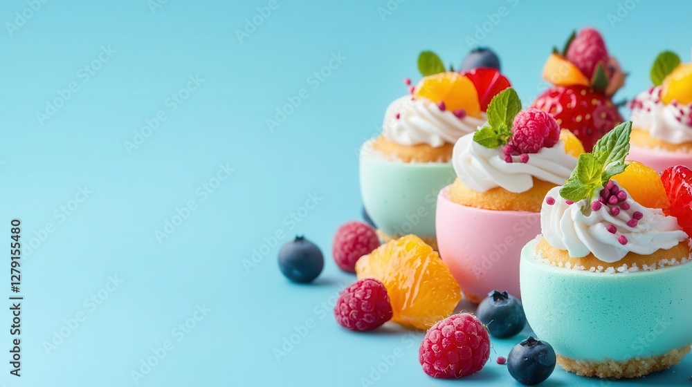 Miniature Easter egg cheesecakes with fruit toppings and whipped cream swirls Miniature Easter egg cheesecakes with fruit toppings and whipped cream swirls