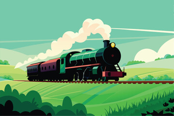 Gordijnen Koraalgroen A classic steam locomotive, billowing thick white smoke, traverses a picturesque countryside landscape.  Focus on the steam and the train's details.  © ndomble
