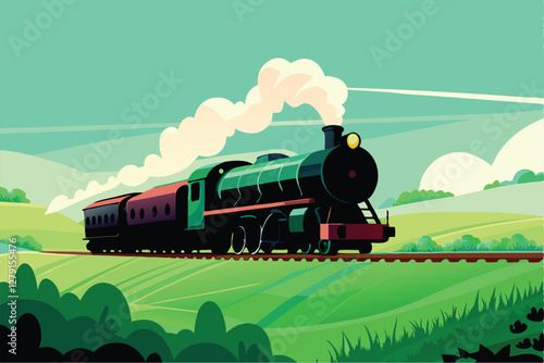 A classic steam locomotive, billowing thick white smoke, traverses a picturesque countryside landscape.  Focus on the steam and the train's details.
