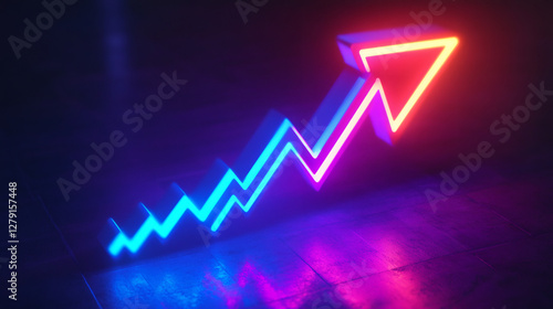 Glowing red-blue arrow pointing upward, signaling business growth, financial progress against shadowy backdrop