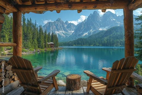 Lakeside Relaxation: A serene view from a wooden porch with chairs overlooking a tranquil lake and majestic mountains