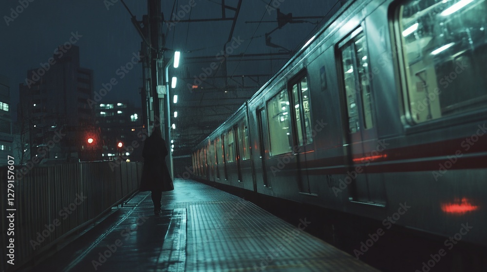 Fototapeta premium Night train arriving at platform, lone figure waits.