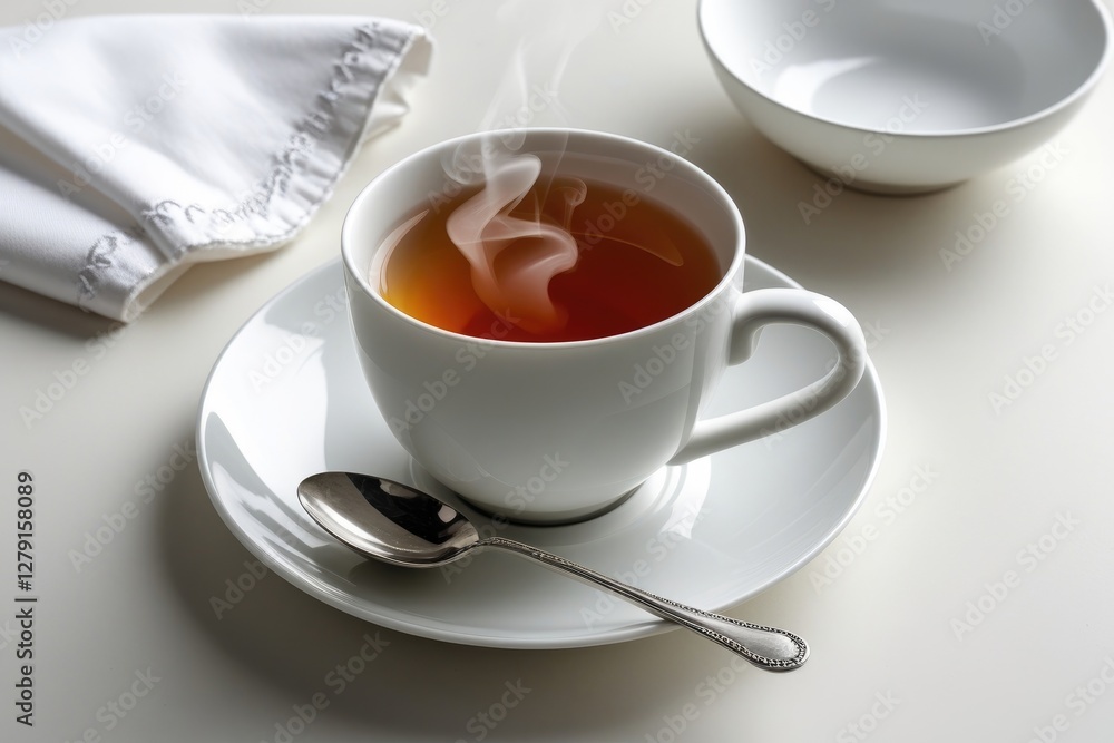 Elegant White Teacup with Hot Steaming Tea on Lace Tablecloth – Cozy Beverage Moment Elegant White Teacup with Hot Steaming Tea on Lace Tablecloth – Cozy Beverage Moment