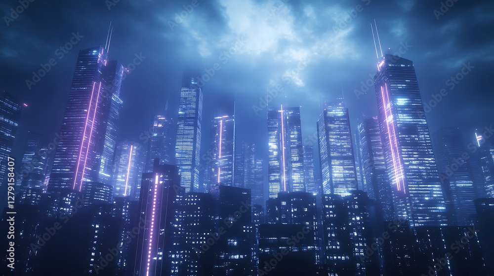 Fototapeta premium Vibrant cyberpunk cityscape at night featuring glowing neon skyscrapers.