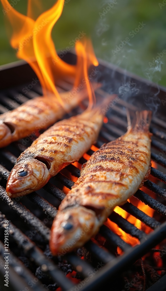 Grilled fish cooking on barbecue grill, with fiery flames. Outdoor summer setting. Tasty seafood grilling, bbq party time. Master chef prepares scorching meal, smoke from wood logs. Grilled fish cooking on barbecue grill, with fiery flames. Outdoor summer setting. Tasty seafood grilling, bbq party time. Master chef prepares scorching meal, smoke from wood logs.