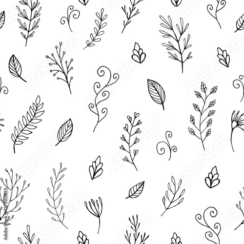 Seamless vector pattern of graphic  floral and herbal elements. Background for greeting card, website, printing on fabric, gift wrap, postcard and wallpapers. 