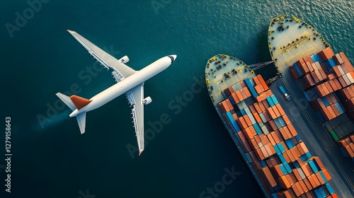 An aerial view of a cargo plane flying above a busy ship port, symbolizing global export/import operations, advanced logistics, international trade, smart logistics, efficient supply chain management