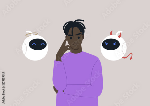 A character stands contemplatively between an angelic robot figure and a devilish figure, embodying the balance of moral choices in the realm of artificial intelligence ethics