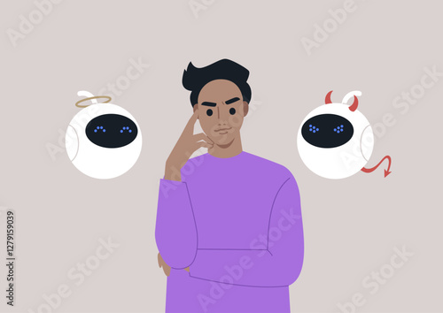 A character stands contemplatively between an angelic robot figure and a devilish figure, embodying the balance of moral choices in the realm of artificial intelligence ethics