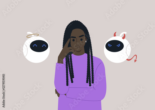 A character stands contemplatively between an angelic robot figure and a devilish figure, embodying the balance of moral choices in the realm of artificial intelligence ethics