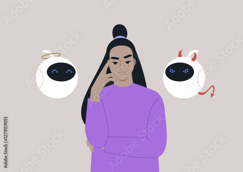 A character stands contemplatively between an angelic robot figure and a devilish figure, embodying the balance of moral choices in the realm of artificial intelligence ethics