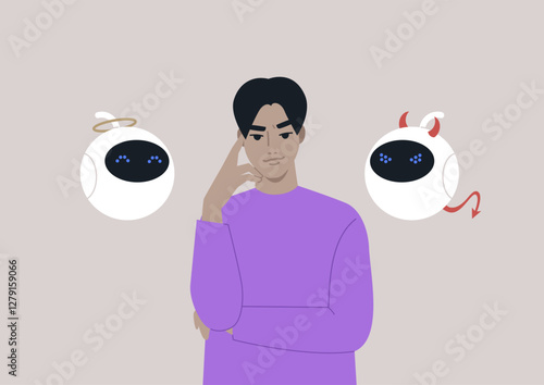 A character stands contemplatively between an angelic robot figure and a devilish figure, embodying the balance of moral choices in the realm of artificial intelligence ethics
