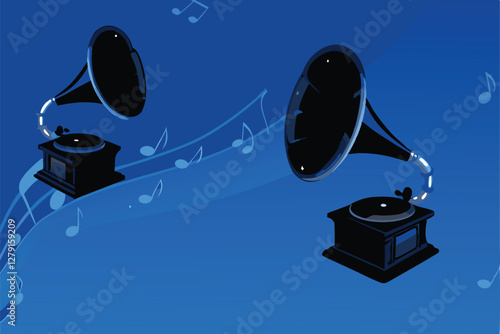 Surreal artwork depicting multiple floating vintage gramophone horns, emanating musical notes, with a muted, vintage aesthetic.