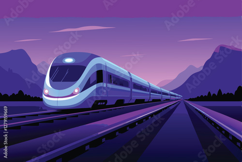 Futuristic high-speed train speeding along a sleek, elevated magnetic levitation track in a modern cityscape.