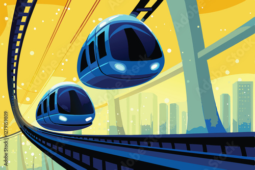 Futuristic, sleek transportation pods silently hover above a magnetic levitation track in a vibrant cityscape.  Detailed rendering required.