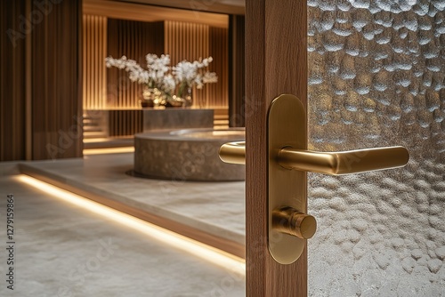 Warm wood and natural light accentuate a modern interior visible through a textured glass door with a golden handle