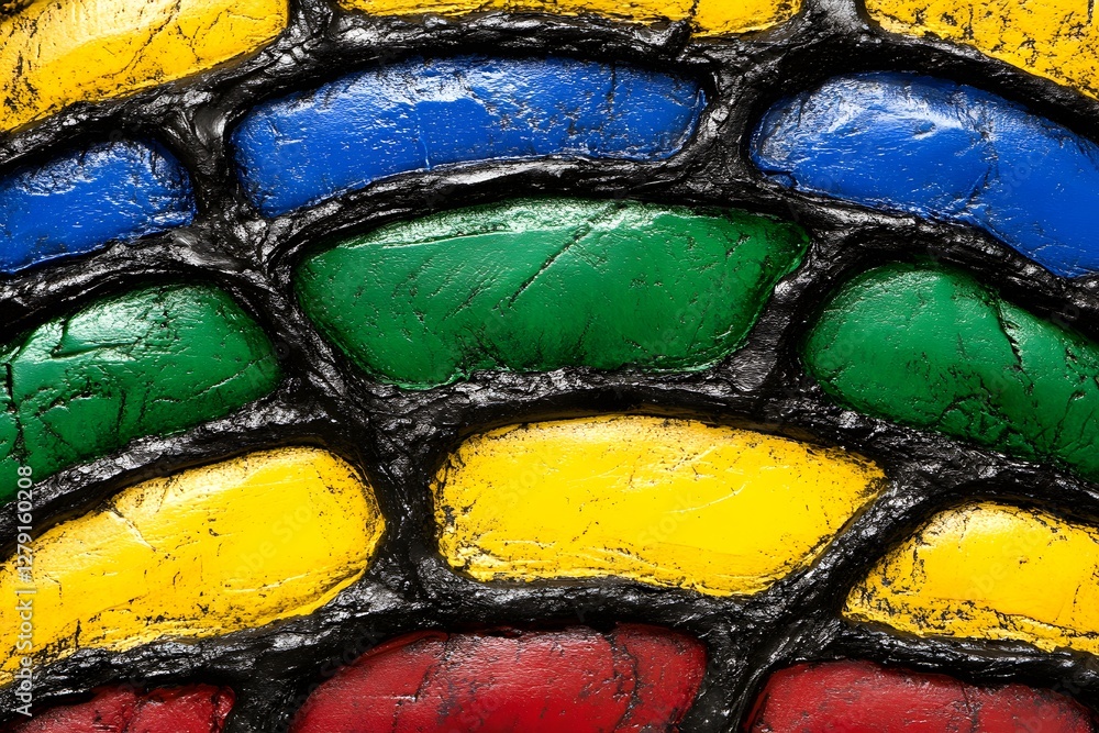 Colorful mosaic pattern with vibrant yellow, green, blue, and red stones on a textured surface Colorful mosaic pattern with vibrant yellow, green, blue, and red stones on a textured surface