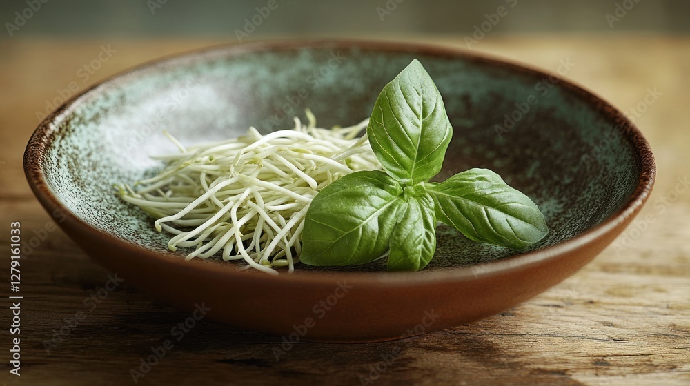 Bean sprouts, basil, rustic bowl, wooden table, healthy food Bean sprouts, basil, rustic bowl, wooden table, healthy food