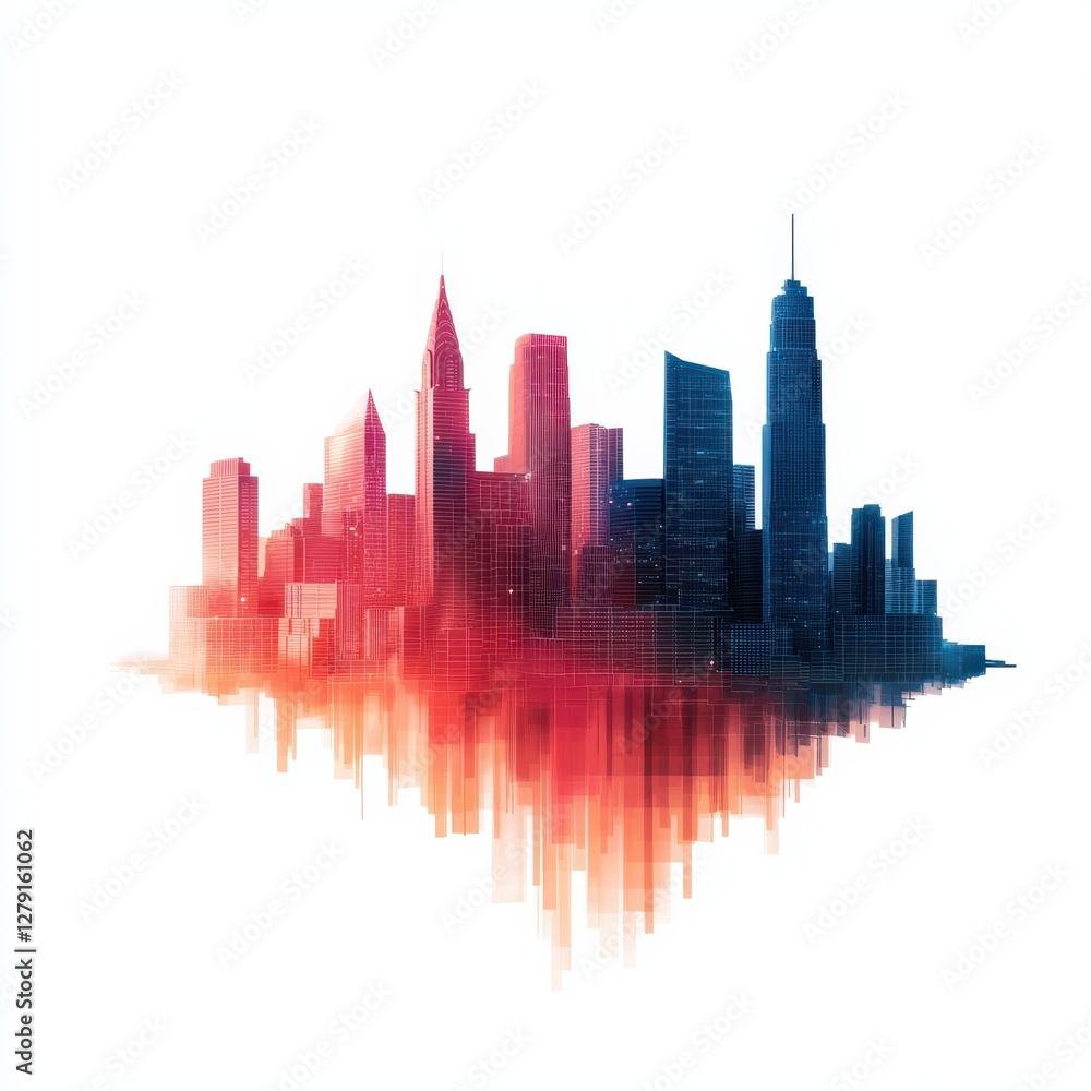 Obraz premium A vibrant, abstract skyline illustration featuring gradient colors, blending red and blue, with towering buildings symbolizing a modern cityscape.